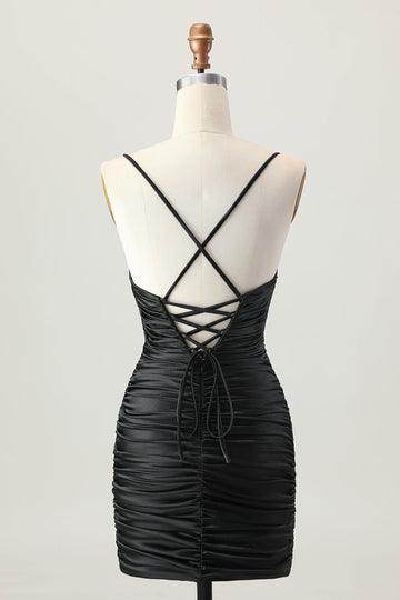 Cut Out Spaghetti Straps Ruched Tight Black Homecoming Dress